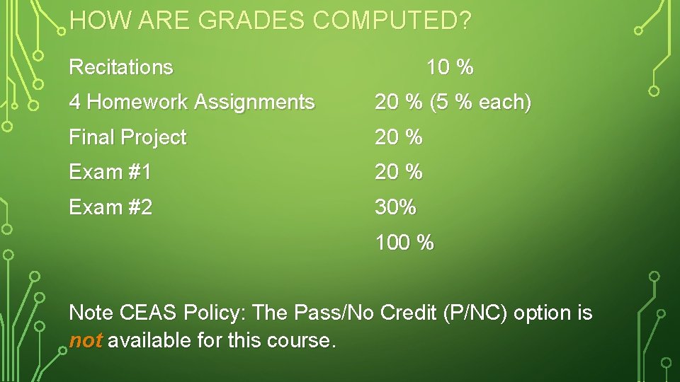 HOW ARE GRADES COMPUTED? Recitations 10 % 4 Homework Assignments 20 % (5 %