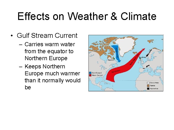 Effects on Weather & Climate • Gulf Stream Current – Carries warm water from