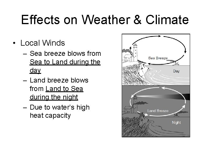 Effects on Weather & Climate • Local Winds – Sea breeze blows from Sea