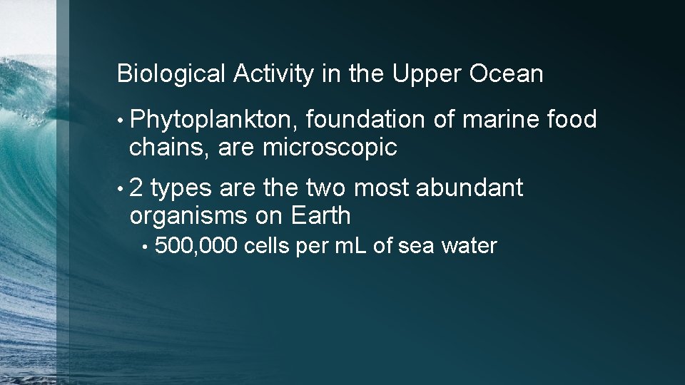 Biological Activity in the Upper Ocean • Phytoplankton, foundation of marine food chains, are