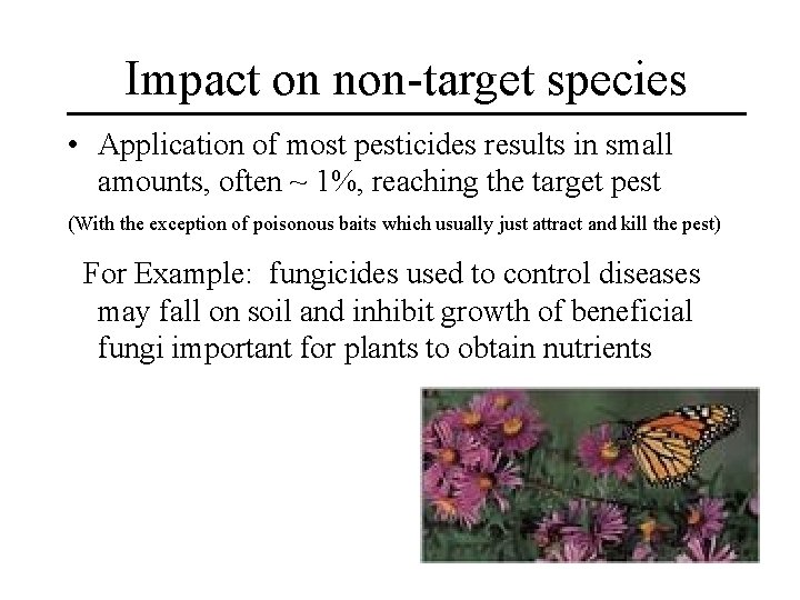 Impact on non-target species • Application of most pesticides results in small amounts, often