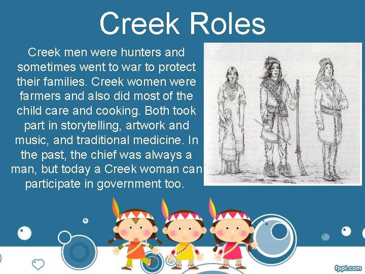 Creek Roles Creek men were hunters and sometimes went to war to protect their