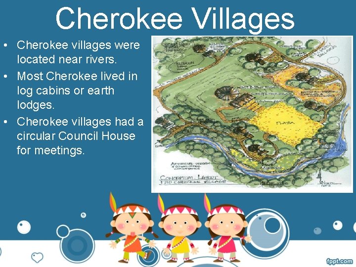 Cherokee Villages • Cherokee villages were located near rivers. • Most Cherokee lived in