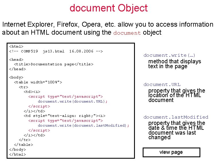 document Object Internet Explorer, Firefox, Opera, etc. allow you to access information about an