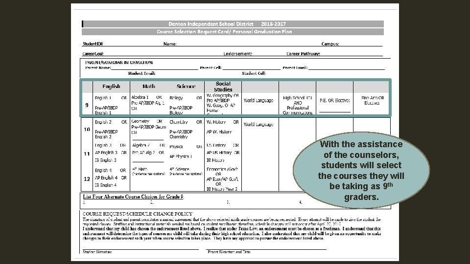 With the assistance of the counselors, students will select the courses they will be