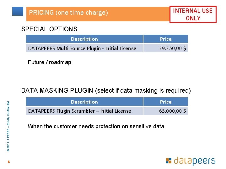 INTERNAL USE ONLY PRICING (one time charge) SPECIAL OPTIONS Description DATAPEERS Multi Source Plugin INTERNAL USE ONLY PRICING (one time charge) SPECIAL OPTIONS Description DATAPEERS Multi Source Plugin