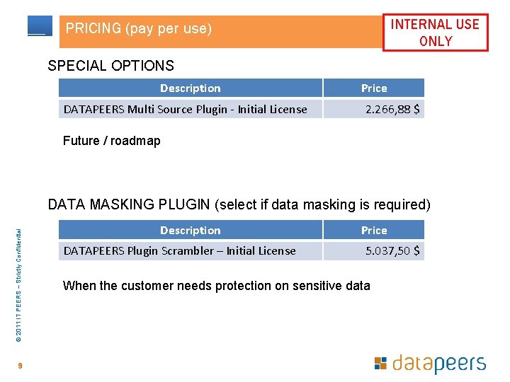 INTERNAL USE ONLY PRICING (pay per use) SPECIAL OPTIONS Description DATAPEERS Multi Source Plugin INTERNAL USE ONLY PRICING (pay per use) SPECIAL OPTIONS Description DATAPEERS Multi Source Plugin