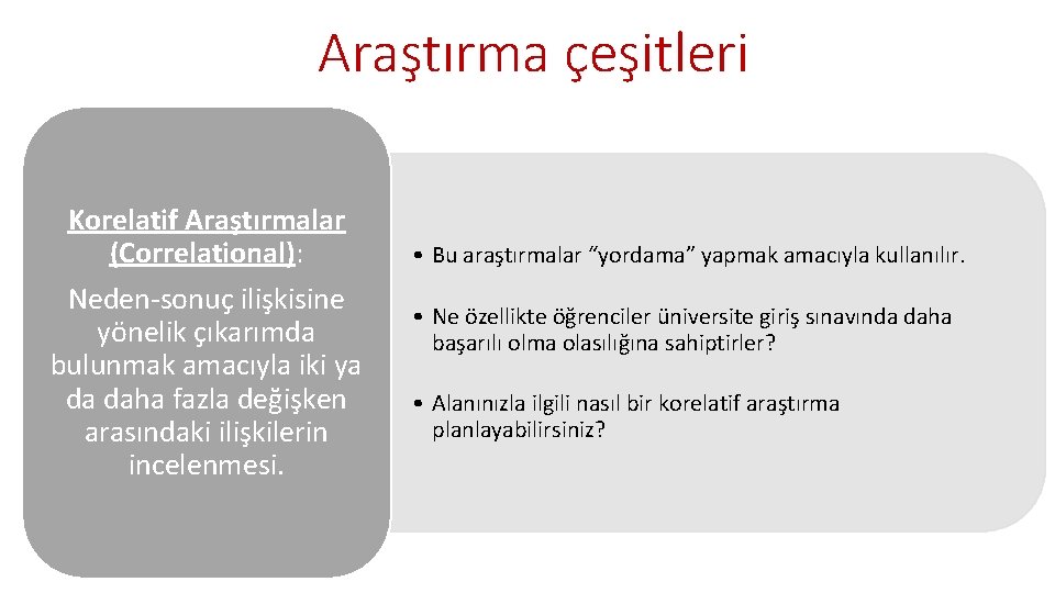 Araştırma çeşitleri Korelatif Araştırmalar (Correlational): Neden-sonuç ilişkisine yönelik çıkarımda bulunmak amacıyla iki ya da