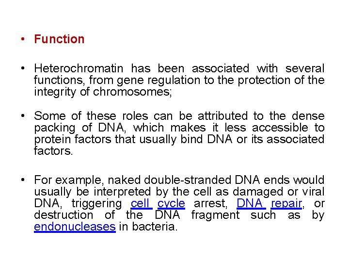  • Function • Heterochromatin has been associated with several functions, from gene regulation