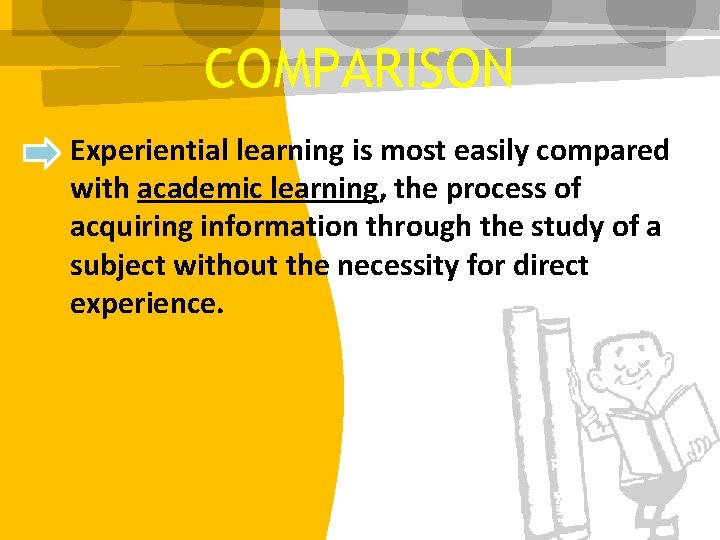 COMPARISON Experiential learning is most easily compared with academic learning, the process of acquiring