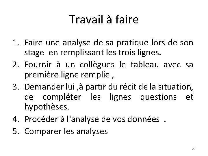 Travail à faire 1. Faire une analyse de sa pratique lors de son stage