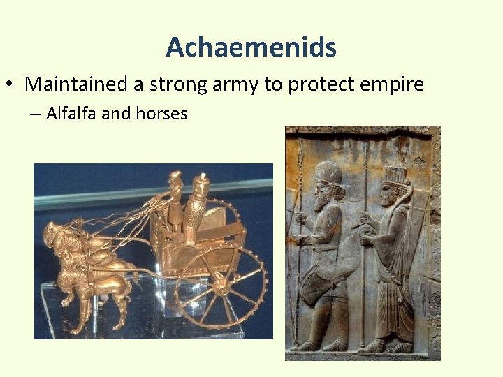 Achaemenids • Maintained a strong army to protect empire – Alfalfa and horses 