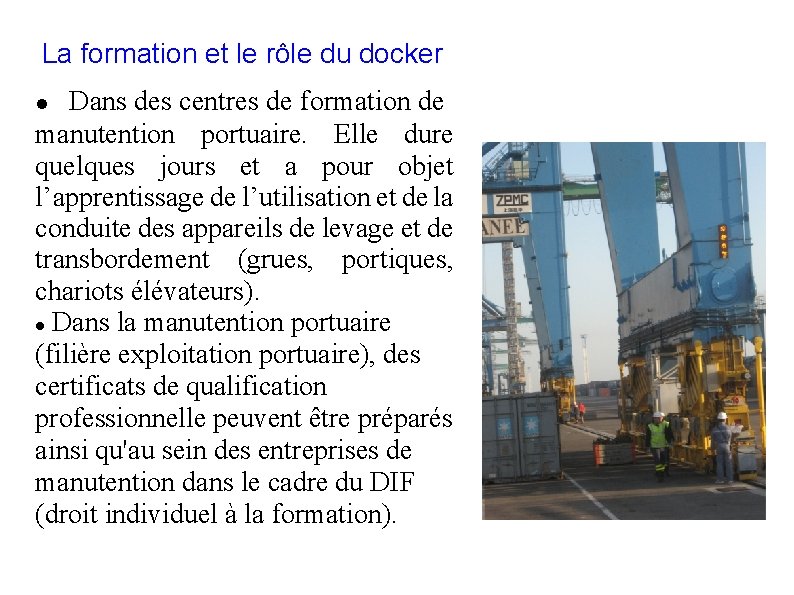 La formation et le rôle du docker Dans des centres de formation de manutention