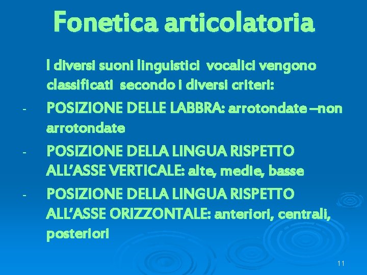 Fonetica articolatoria - I diversi suoni linguistici vocalici vengono classificati secondo i diversi criteri: