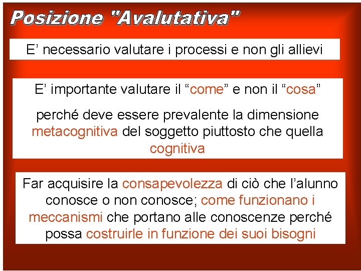 E’ necessario valutare i processi e non gli allievi E’ importante valutare il “come”