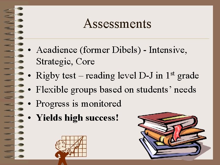 Assessments • Acadience (former Dibels) - Intensive, Strategic, Core • Rigby test – reading