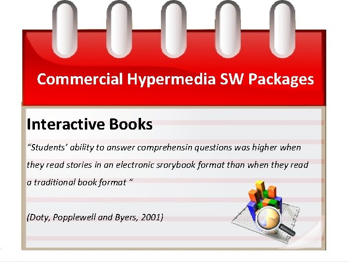 Commercial Hypermedia SW Packages Interactive Books “Students’ ability to answer comprehensin questions was higher