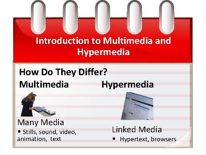 Introduction to Multimedia and Hypermedia How Do They Differ? Multimedia Hypermedia Many Media •