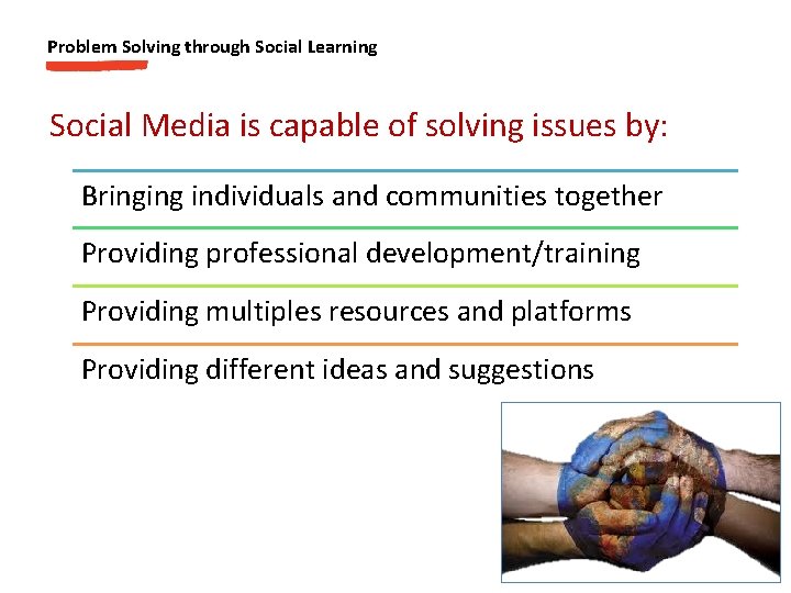 Problem Solving through Social Learning Social Media is capable of solving issues by: Bringing