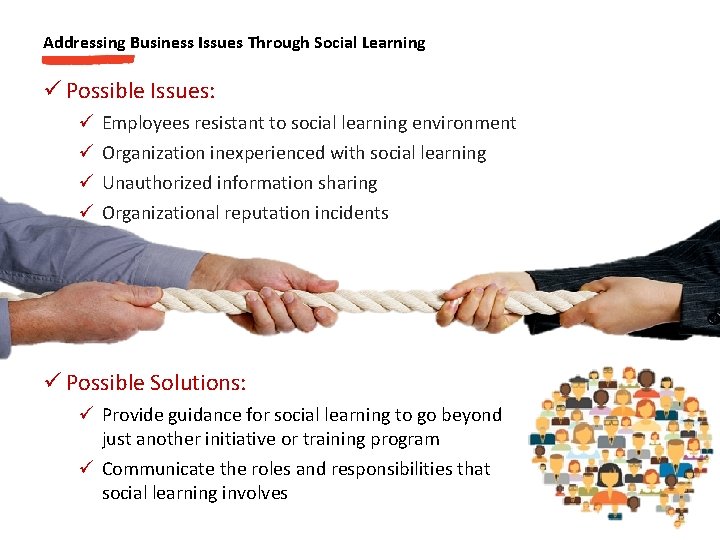 Addressing Business Issues Through Social Learning ü Possible Issues: ü ü Employees resistant to