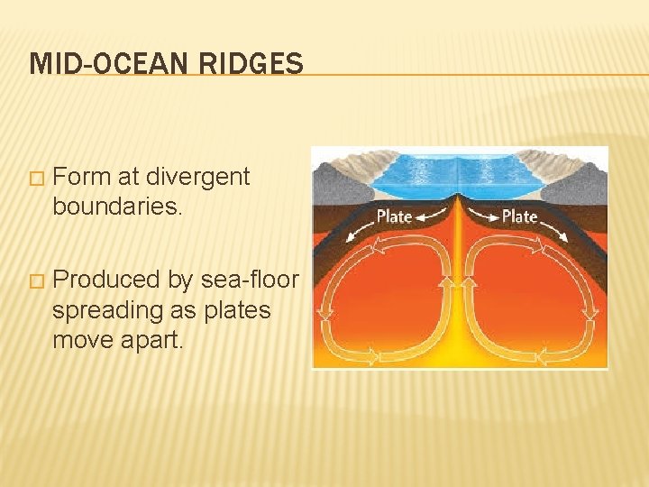 MID-OCEAN RIDGES � Form at divergent boundaries. � Produced by sea-floor spreading as plates