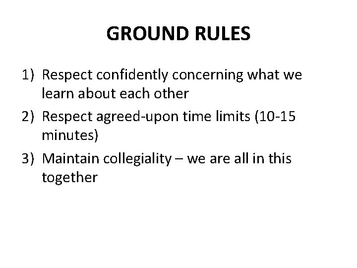 GROUND RULES 1) Respect confidently concerning what we learn about each other 2) Respect