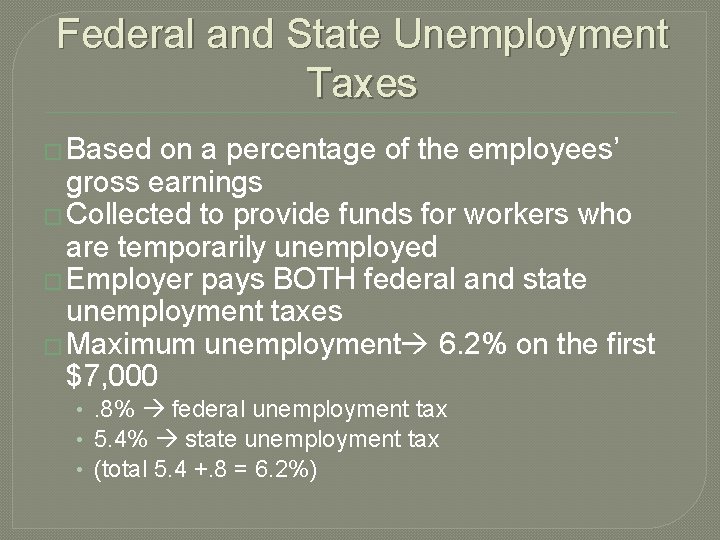 Federal and State Unemployment Taxes � Based on a percentage of the employees’ gross Federal and State Unemployment Taxes � Based on a percentage of the employees’ gross