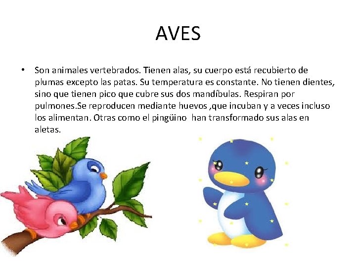 AVES • Son animales vertebrados. Tienen alas, su cuerpo está recubierto de plumas excepto