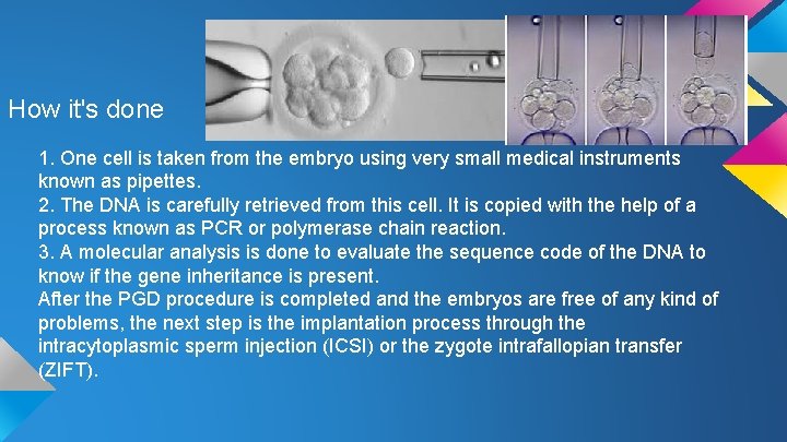 How it's done 1. One cell is taken from the embryo using very small