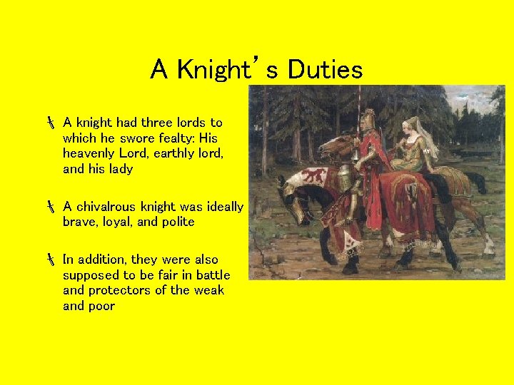 A Knight’s Duties A knight had three lords to which he swore fealty: His