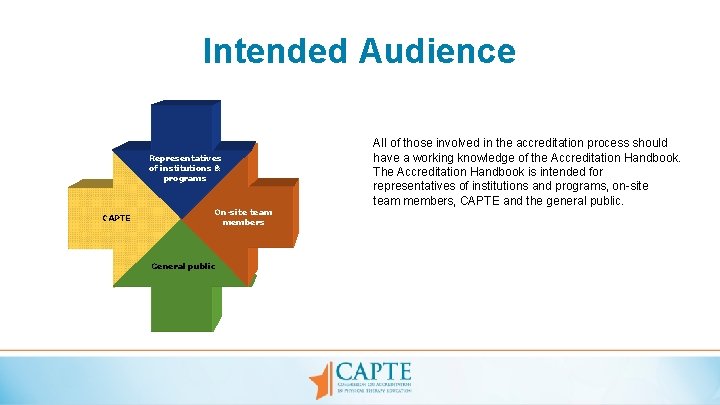 Intended Audience Representatives of institutions & programs CAPTE On-site team members General public All