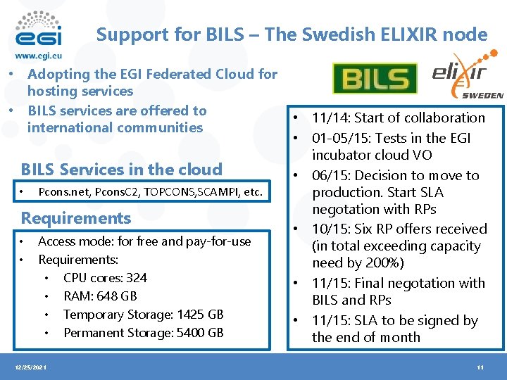 Support for BILS – The Swedish ELIXIR node • Adopting the EGI Federated Cloud