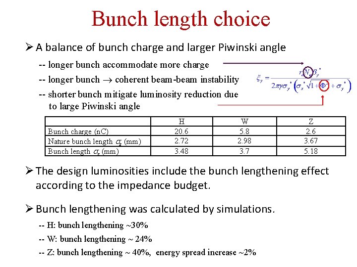 Bunch length choice Ø A balance of bunch charge and larger Piwinski angle --