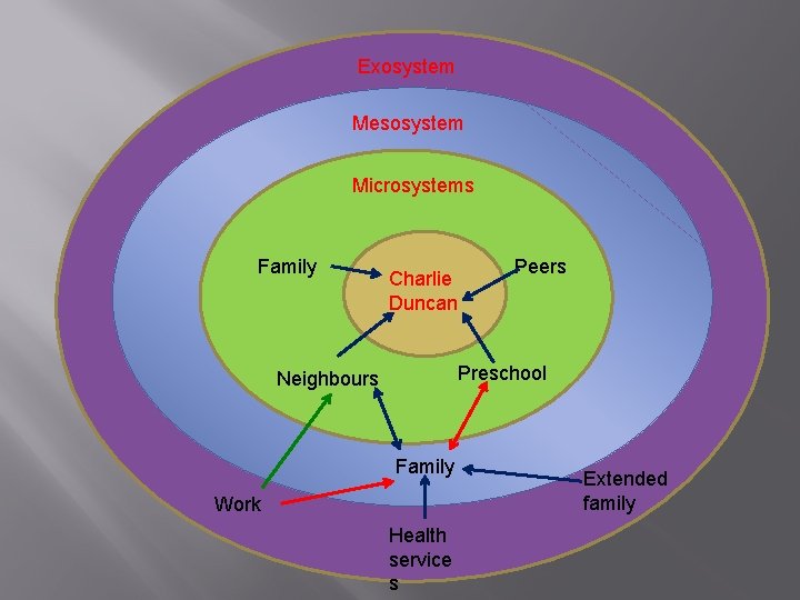 Exosystem Mesosystem Microsystems Family Charlie Duncan Peers Preschool Neighbours Family Work Health service s