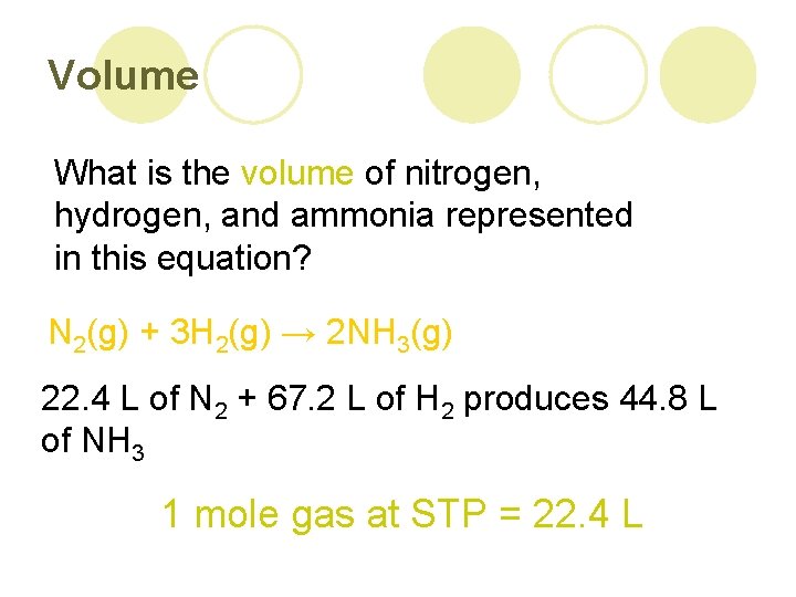 Volume What is the volume of nitrogen, hydrogen, and ammonia represented in this equation? Volume What is the volume of nitrogen, hydrogen, and ammonia represented in this equation?