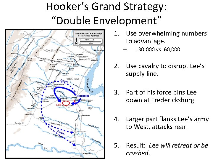 Hooker’s Grand Strategy: “Double Envelopment” 1. Use overwhelming numbers to advantage. – 130, 000 Hooker’s Grand Strategy: “Double Envelopment” 1. Use overwhelming numbers to advantage. – 130, 000