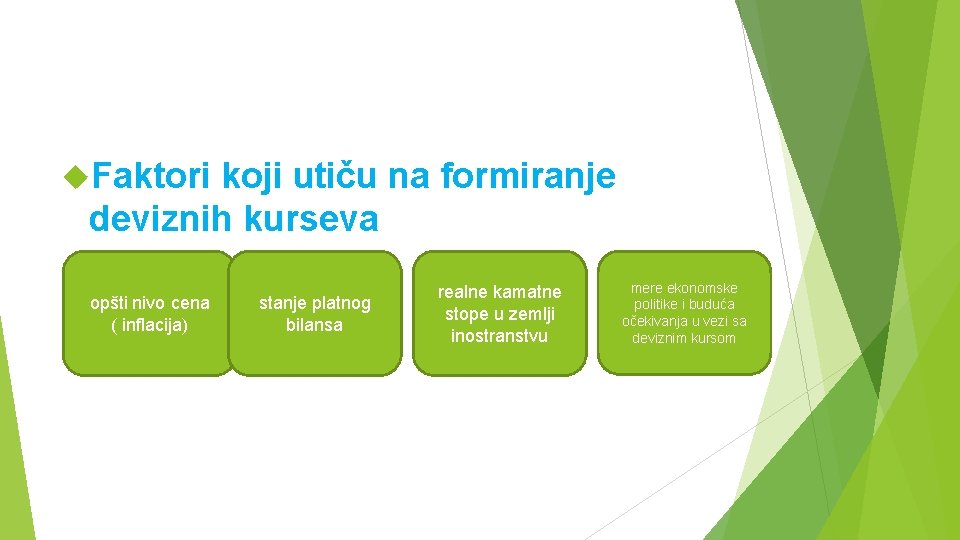  Faktori koji utiču na formiranje deviznih kurseva opšti nivo cena ( inflacija) stanje