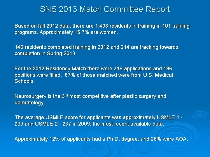 SNS 2013 Match Committee Report Based on fall 2012 data, there are 1, 406