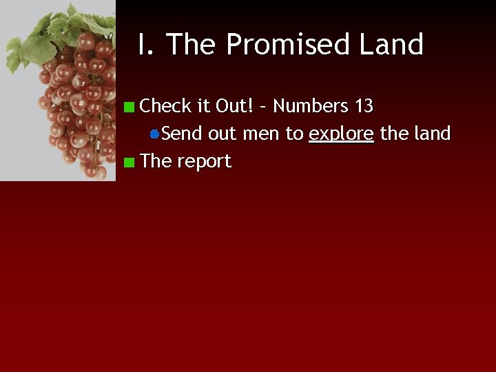 I. The Promised Land Check it Out! – Numbers 13 Send out men to