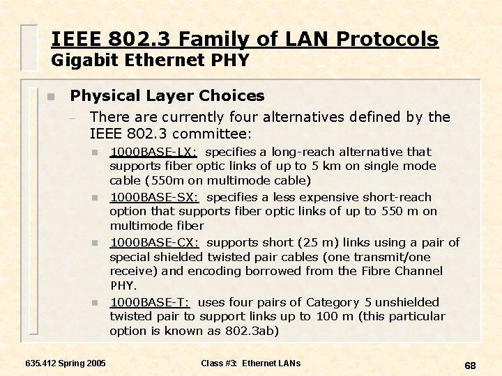 IEEE 802. 3 Family of LAN Protocols Gigabit Ethernet PHY n Physical Layer Choices