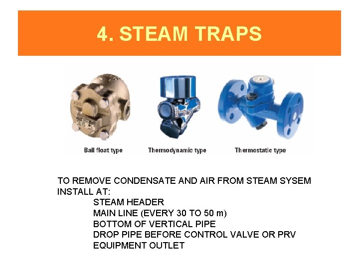4. STEAM TRAPS TO REMOVE CONDENSATE AND AIR FROM STEAM SYSEM INSTALL AT: STEAM