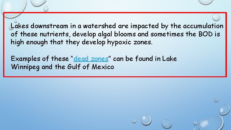 Lakes downstream in a watershed are impacted by the accumulation of these nutrients, develop