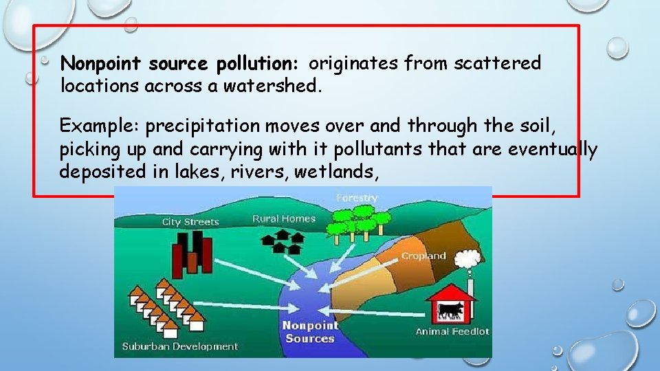 Nonpoint source pollution: originates from scattered locations across a watershed. Example: precipitation moves over
