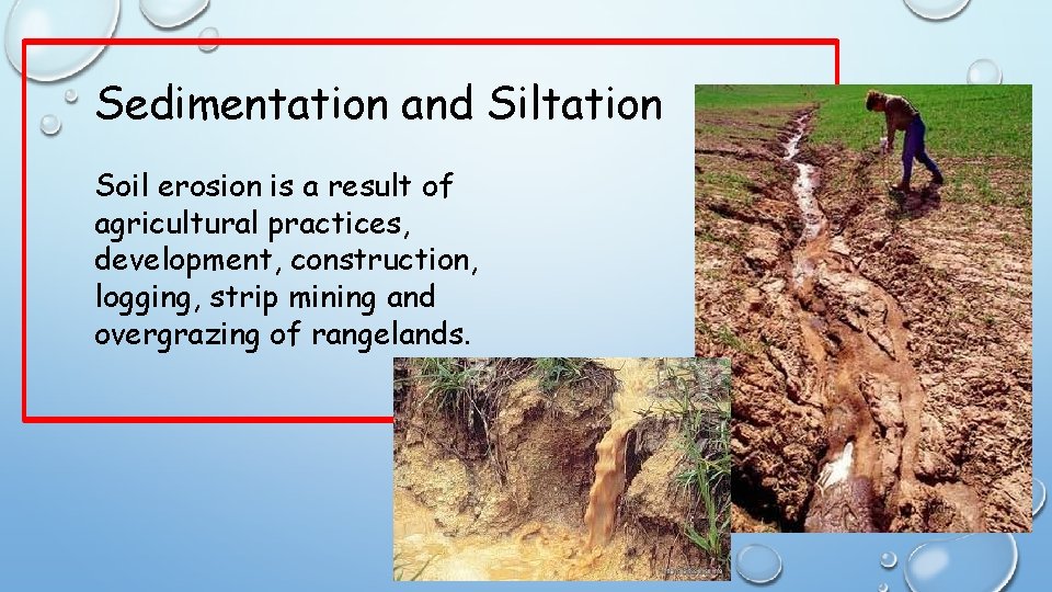 Sedimentation and Siltation Soil erosion is a result of agricultural practices, development, construction, logging,