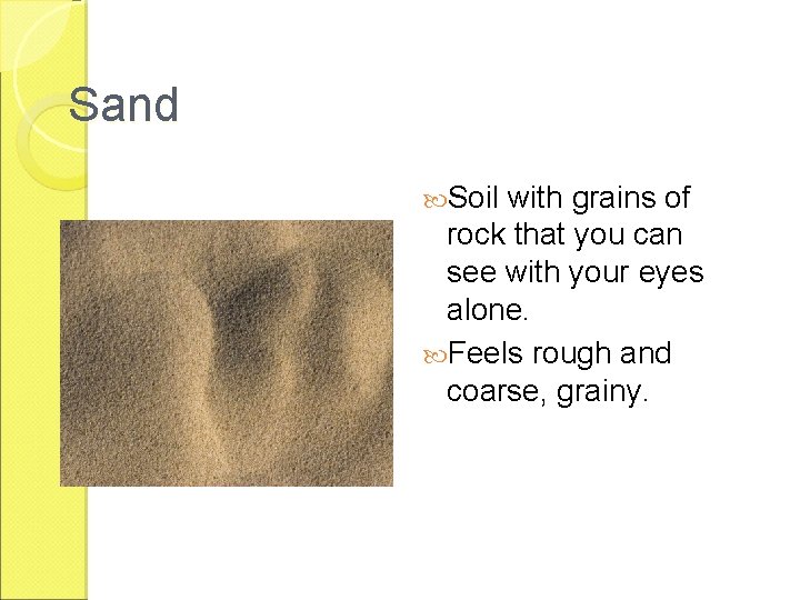 Sand Soil with grains of rock that you can see with your eyes alone.