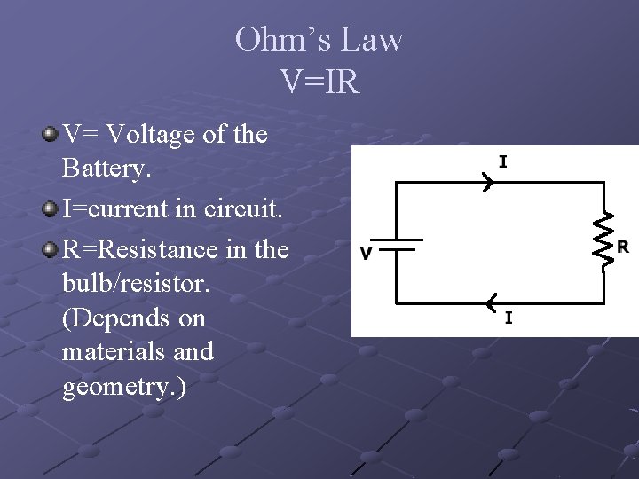 Ohm’s Law V=IR V= Voltage of the Battery. I=current in circuit. R=Resistance in the