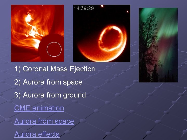 1) Coronal Mass Ejection 2) Aurora from space 3) Aurora from ground CME animation