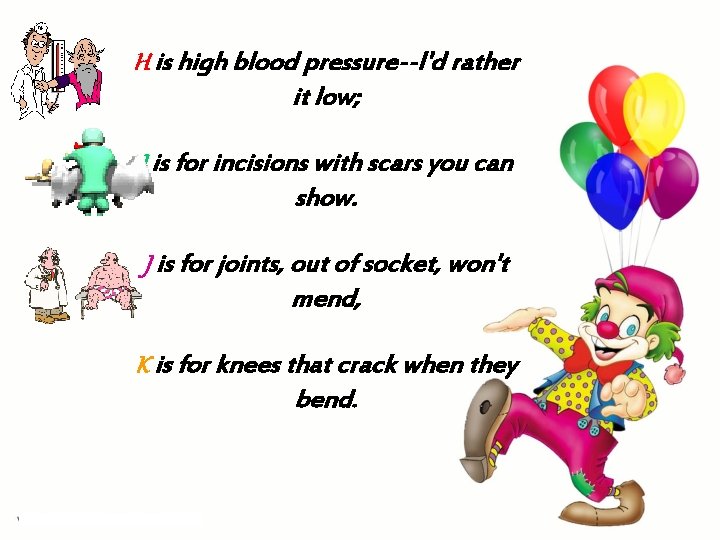H is high blood pressure--I'd rather it low; I is for incisions with scars H is high blood pressure--I'd rather it low; I is for incisions with scars