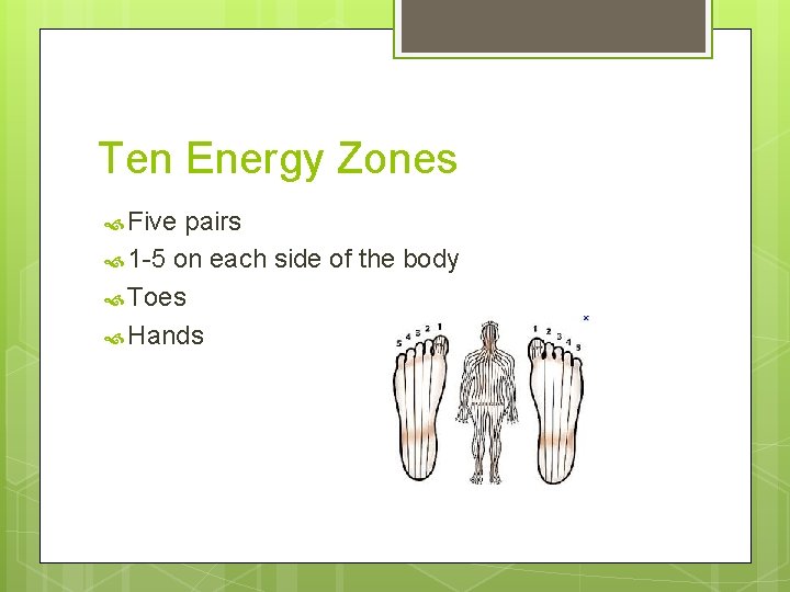 Ten Energy Zones Five pairs 1 -5 on each side of the body Toes