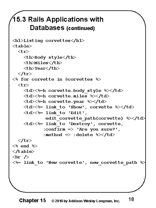 15. 3 Rails Applications with Databases (continued) <h 1>Listing corvettes</h 1> <table> <tr> <th>Body